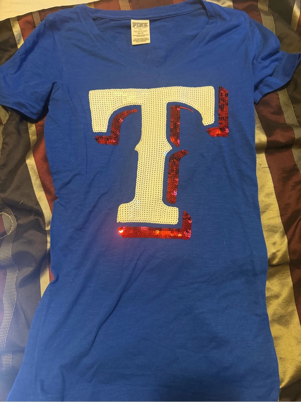PINK Victoria's Secret Blue Short-Sleeve Tee with White and Red Sequin 'T'